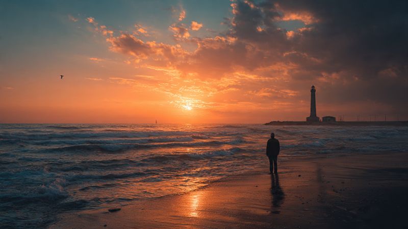 a man walking at the beach with a lighthouse and undergoing sun