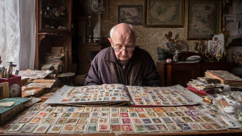 a man collecting stamps from Hungary at his desk