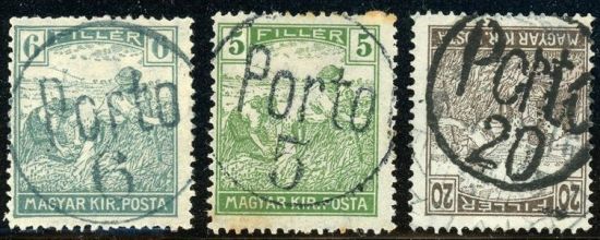 Hungarian 5-6-20 filler stamps with porto and number in square overprint - Porto postage due stamp