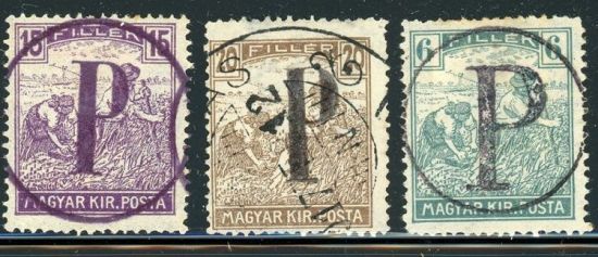 Hungarian 6-15-20 filler stamps with P in circle overprint - Porto postage due stamp