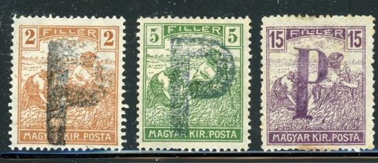 Hungarian 2-5-15 filler stamps with P overprint - Porto postage due stamp