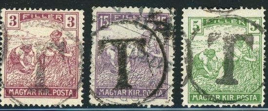 Hungarian 3-5-15 filler stamps with T in circle overprint - Porto postage due stamp